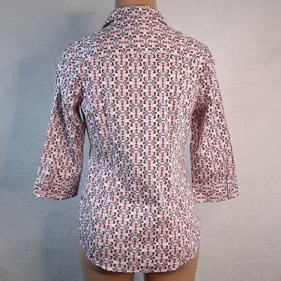 Dana Buchman Button‎ Down Top with 3/4 Sleeve White Pink Black Size Small - Picture 5 of 9